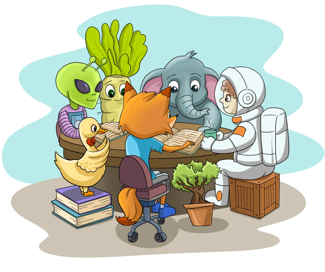 Storybook characters, a fox, an elephant, an alien and an astronaut, reading books together