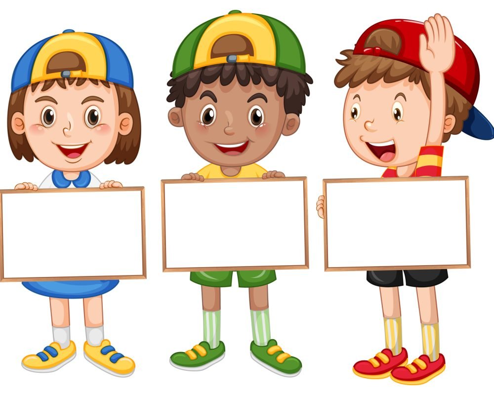 Three children holding blank whiteboard illustration